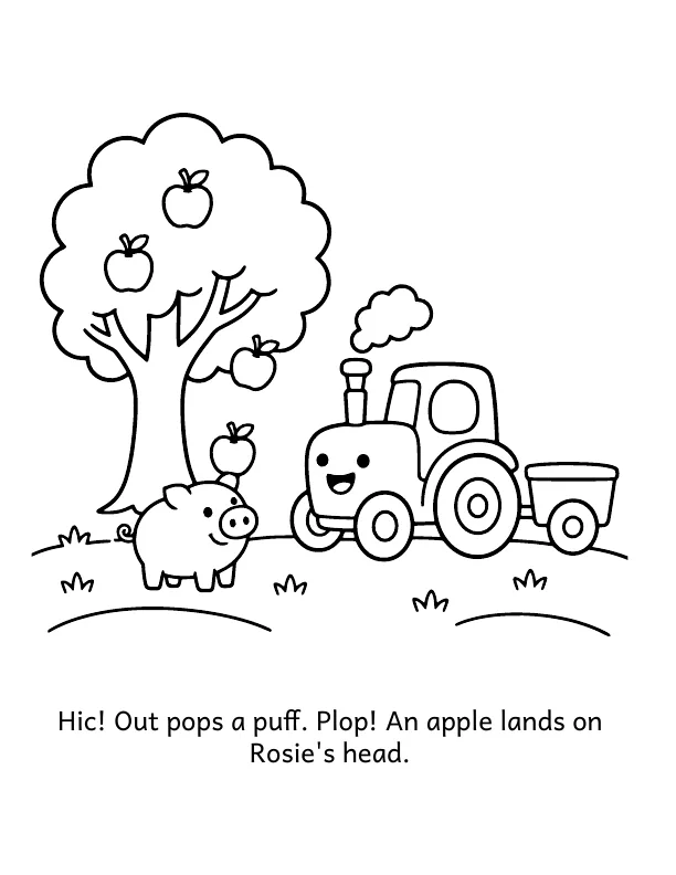 Picture 2 of The Tractor's Hiccups: Hic! Out pops a puff. Plop! An apple lands on Rosie's head.