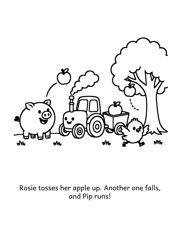 Picture 3 of The Tractor's Hiccups: Rosie tosses her apple up. Another one falls, and Pip runs!